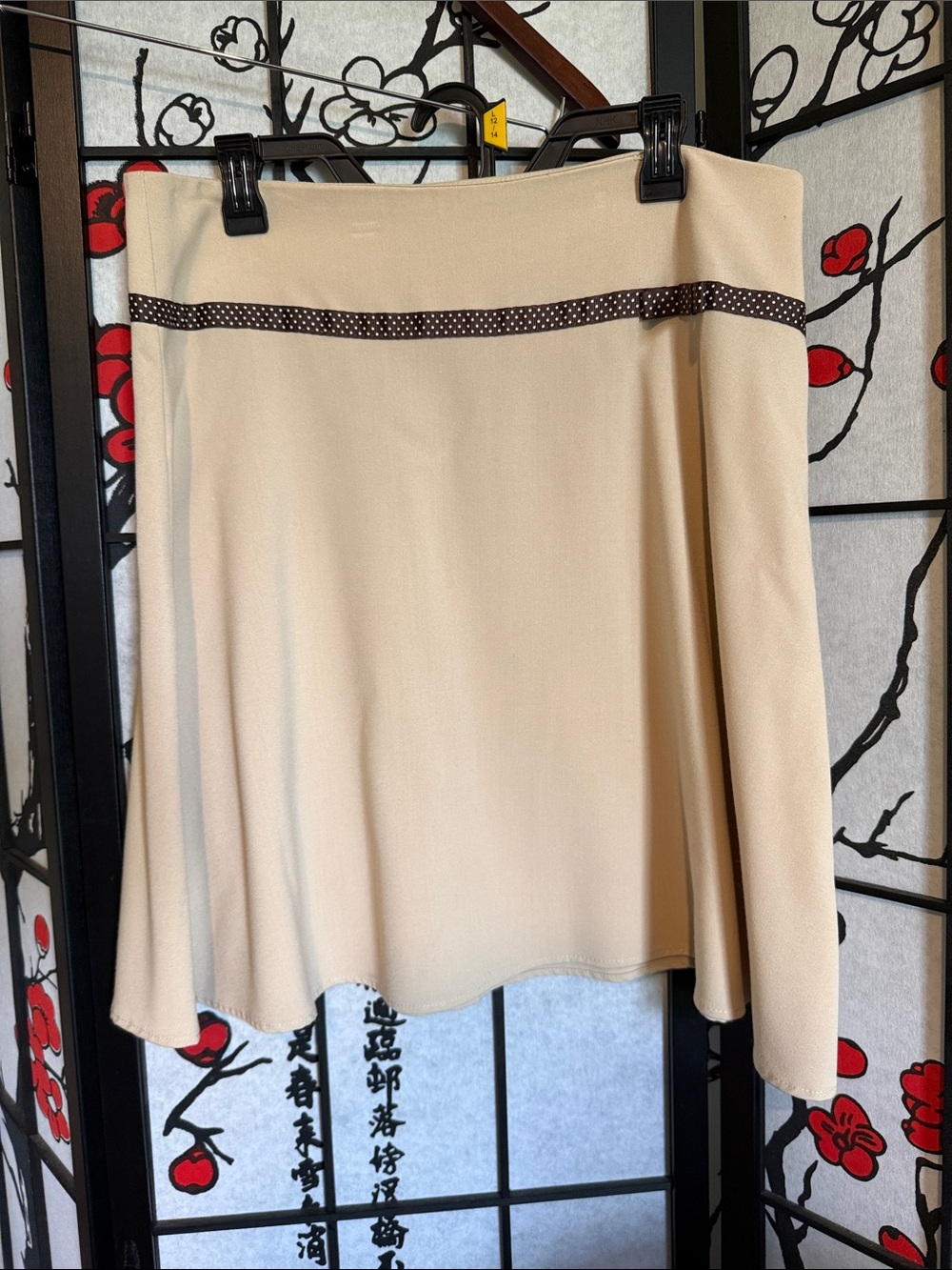 Vintage Cream A-Line Skirt with Contrast Brown polka dot ribbon Waist Trim